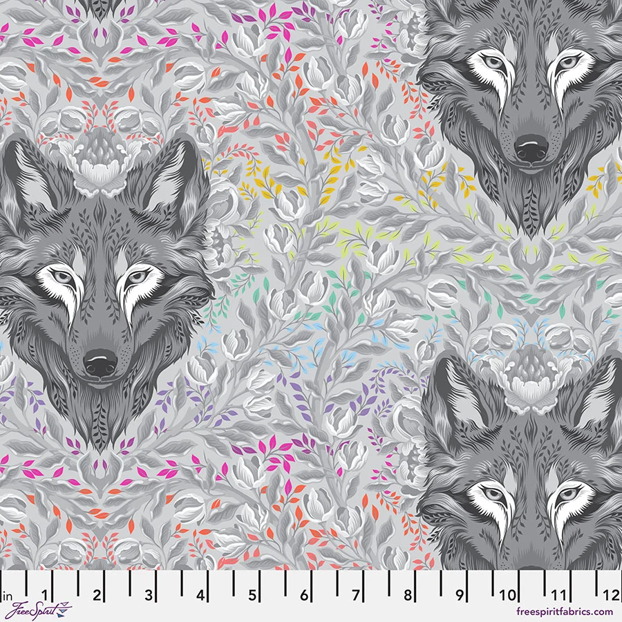 Free Spirit Tula Pink True Colors Graywork PWTP256.FOG Wolf of Pink Street - Fog Fabric Yardage